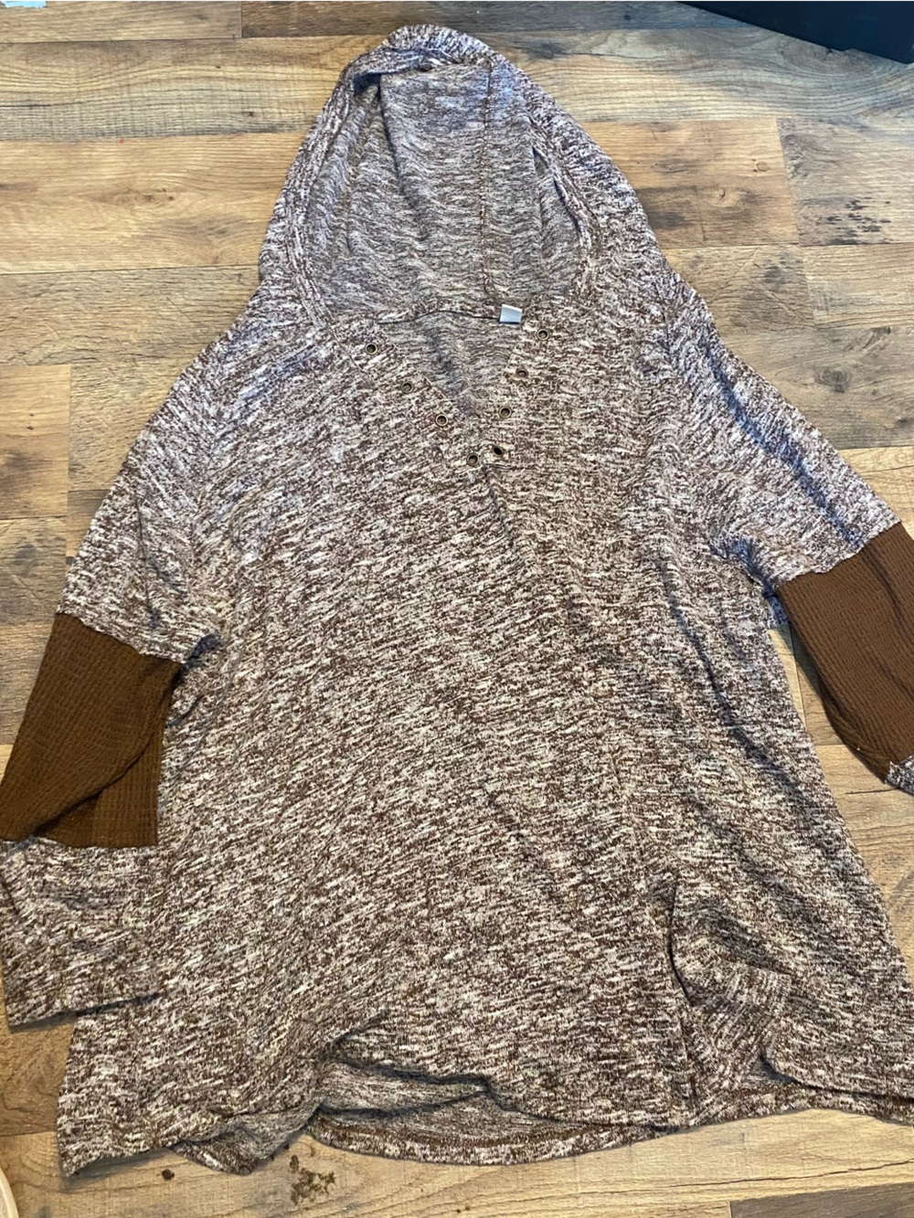 Cozy Marled Hooded Cardigan with Contrast Cuffs - Brown/White